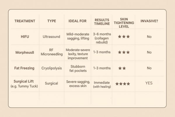 Table showing the comparisons of Skin tightening Bradford-on-Avon treatment options.
